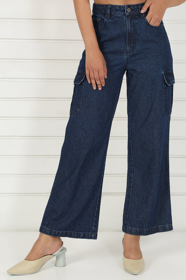 Elleven Women's Blue Denim Mid Rise Ankle Length Flared Pants with YKK Zipper