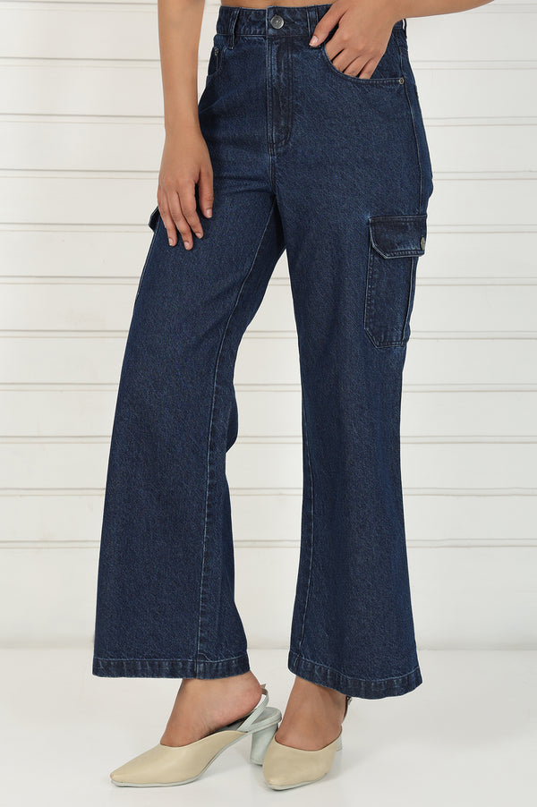 Elleven Women's Blue Denim Mid Rise Ankle Length Flared Pants with YKK Zipper