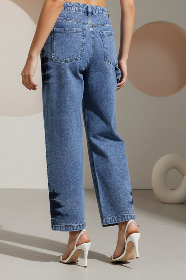 Elleven Women's Blue Pure Cotton Wide Leg High Rise Jeans