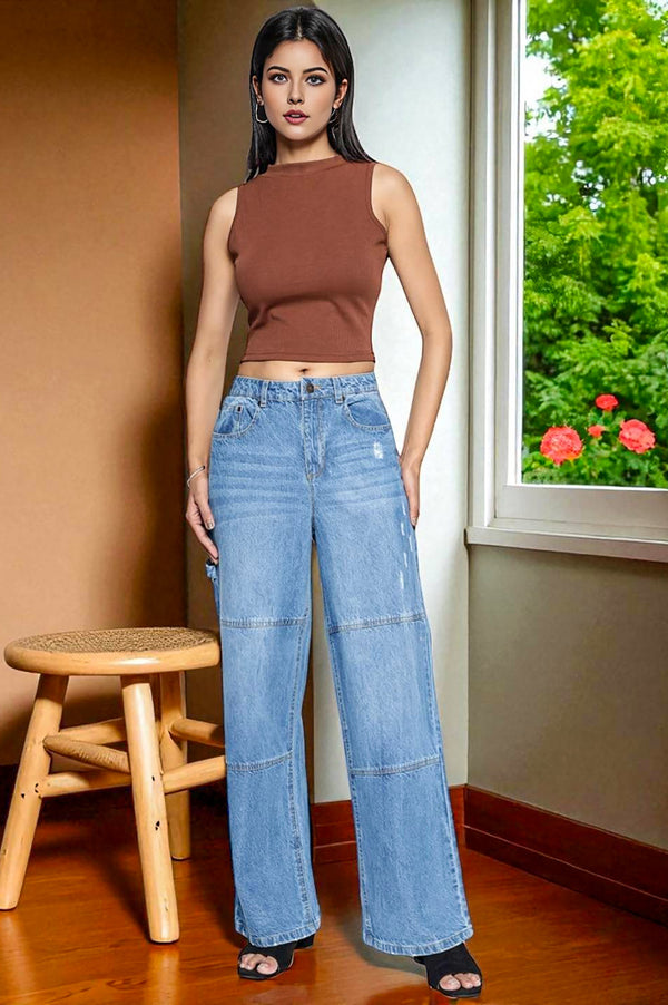 Elleven Women's Light Blue Pure Cotton Flared Denim Pants with YKK Zipper