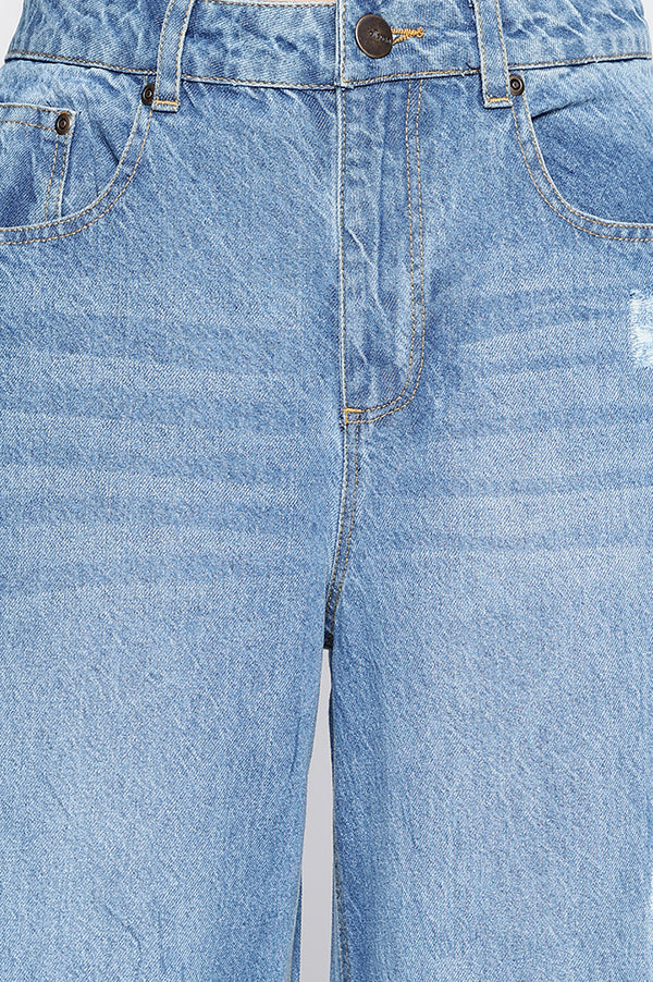 Elleven Women's Light Blue Pure Cotton Flared Denim Pants with YKK Zipper