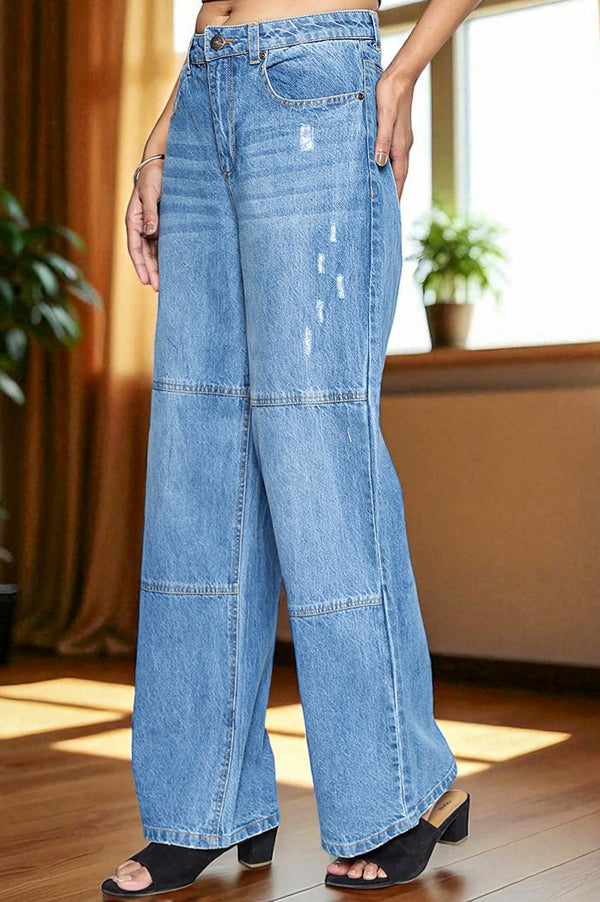 Elleven Women's Light Blue Pure Cotton Flared Denim Pants with YKK Zipper