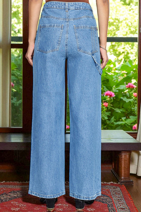 Elleven Women's Light Blue Pure Cotton Flared Denim Pants with YKK Zipper