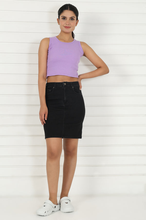 Elleven Women's Black Denim Lycra Mid Rise Mid Thigh Length Skirt with YKK Zipper
