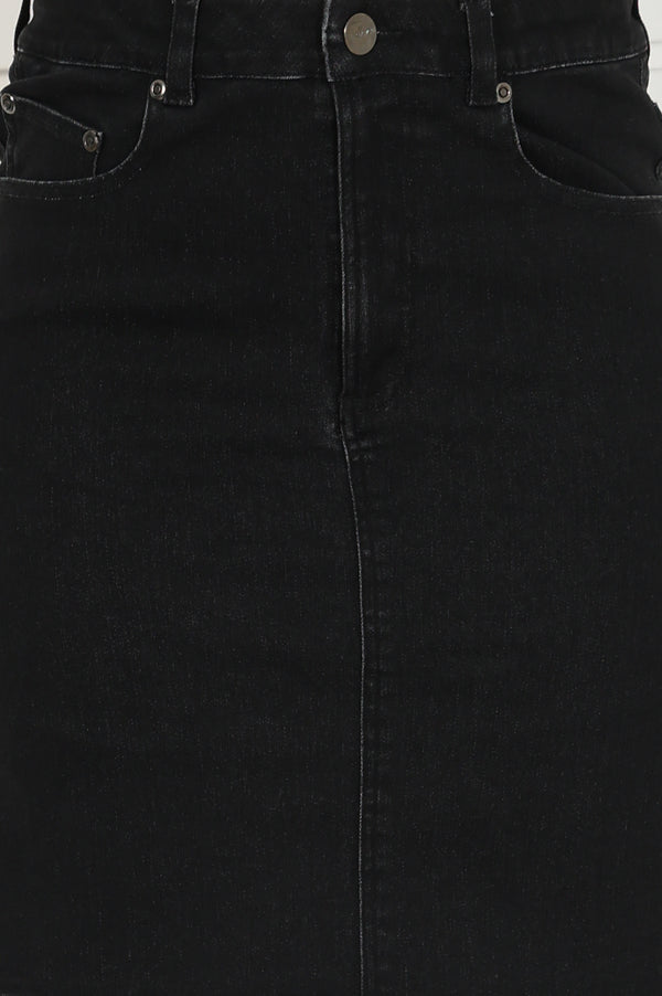 Elleven Women's Black Denim Lycra Mid Rise Mid Thigh Length Skirt with YKK Zipper