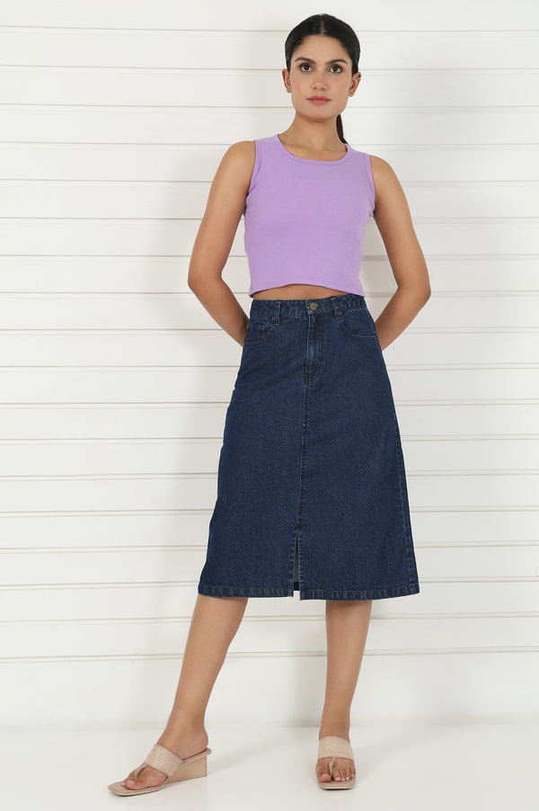 Elleven Women's Blue Denim Mid Rise Calf Length Skirt with YKK Zipper
