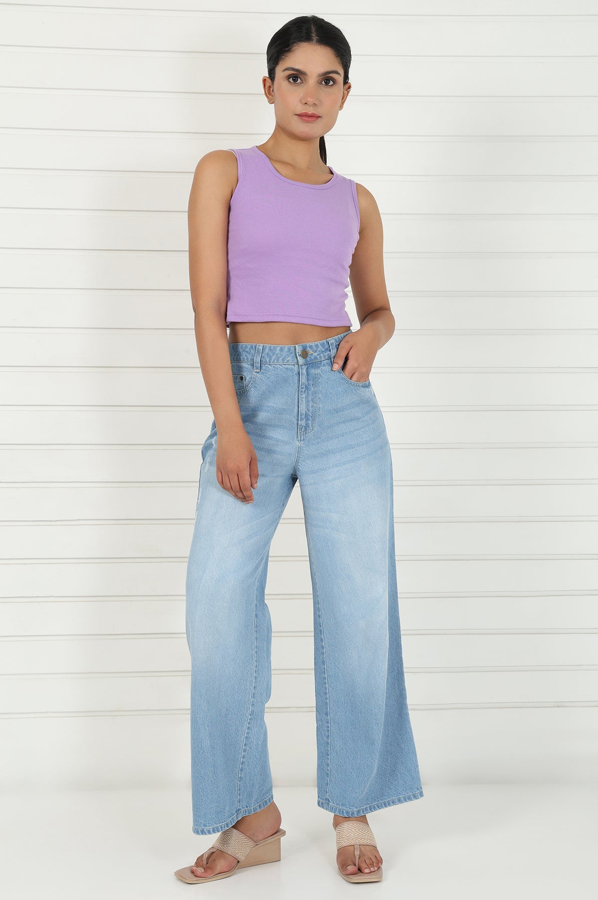 Elleven Women's Blue Denim Mid Rise Ankle Length Flared Pants with YKK Zipper - XS
