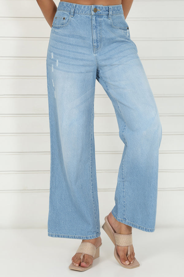 Elleven Women's Blue Denim Mid Rise Ankle Length Flared Pants with YKK Zipper