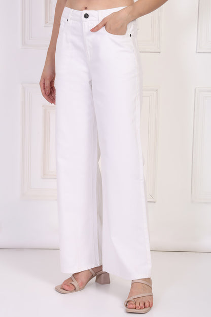 White Solid Flared Cotton Pant