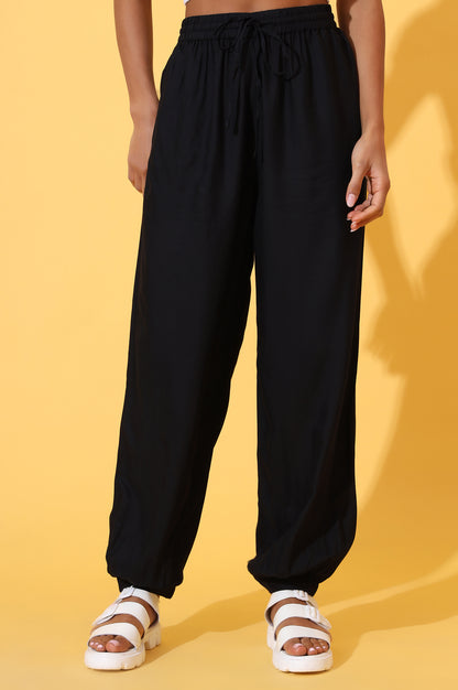 Black Solid Ankle Length Rayon Harem Pants