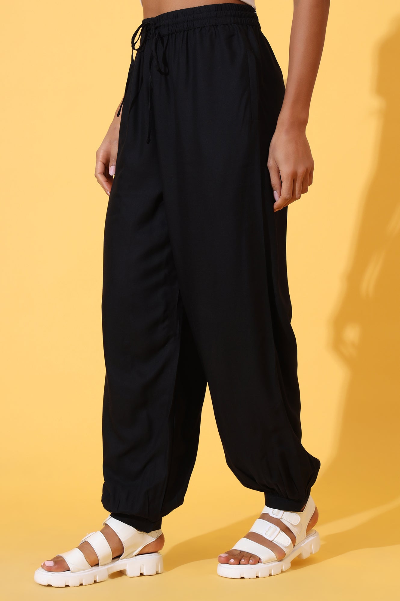 Black Solid Ankle Length Rayon Harem Pants