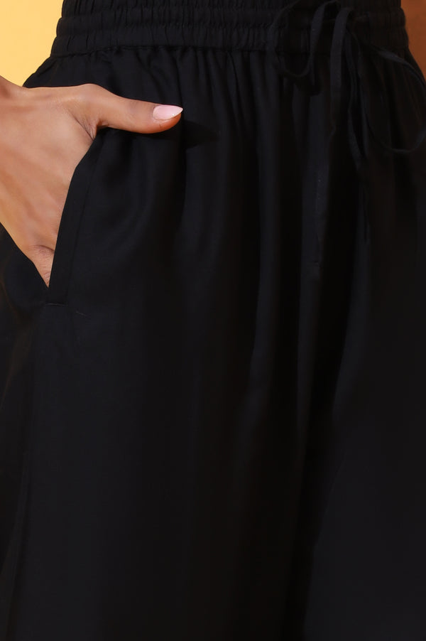 Black Solid Ankle Length Rayon Harem Pants
