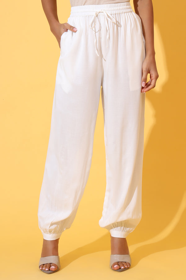 White Solid Ankle Length Rayon Harem Pants
