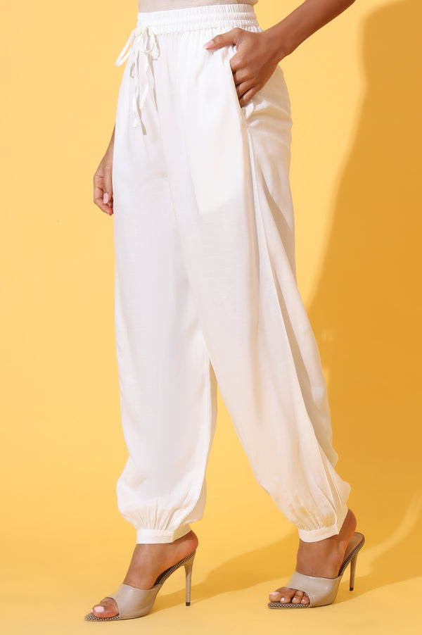 White Solid Ankle Length Rayon Harem Pants
