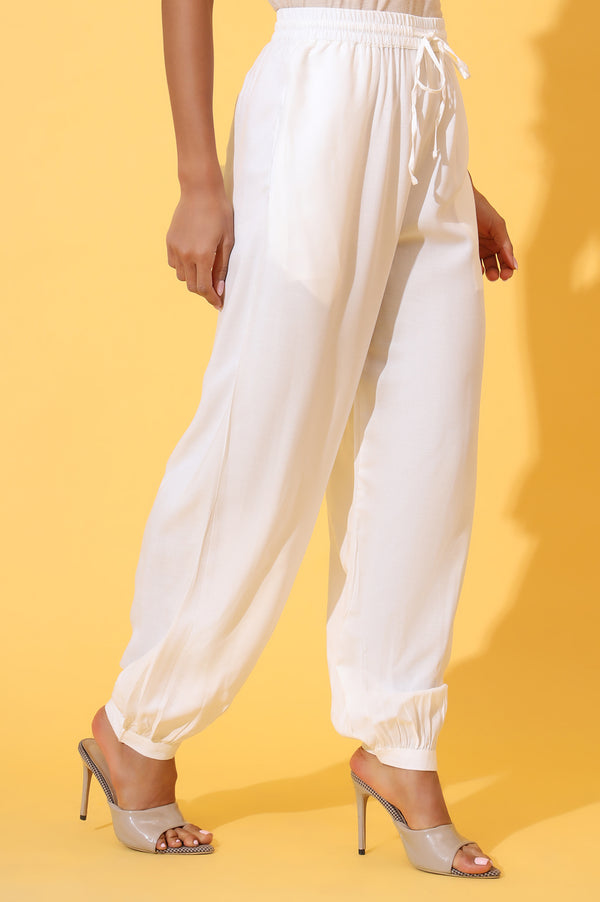 White Solid Ankle Length Rayon Harem Pants