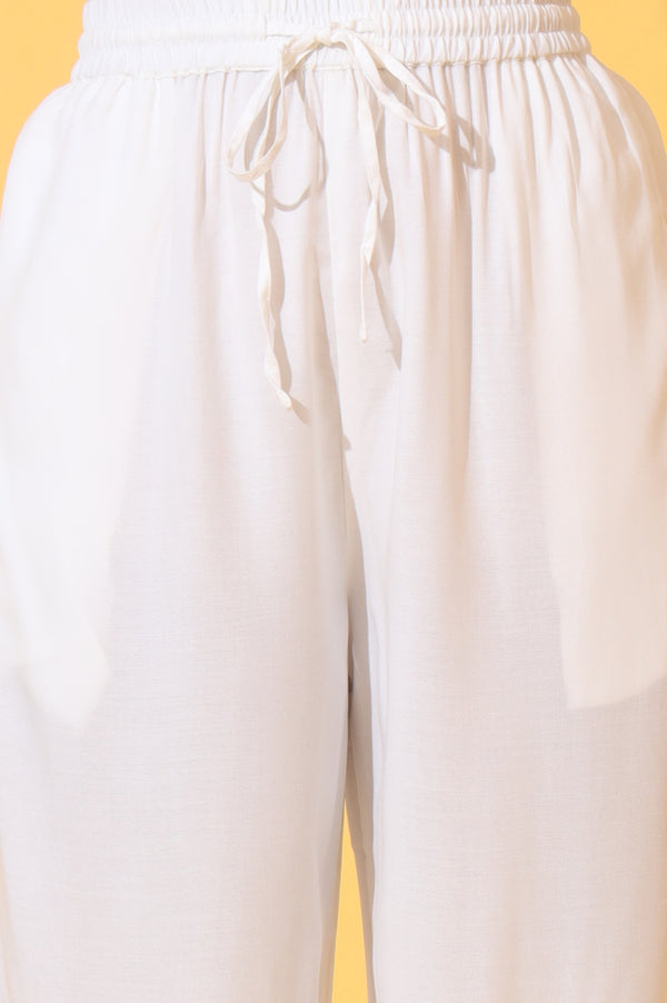 White Solid Ankle Length Rayon Harem Pants