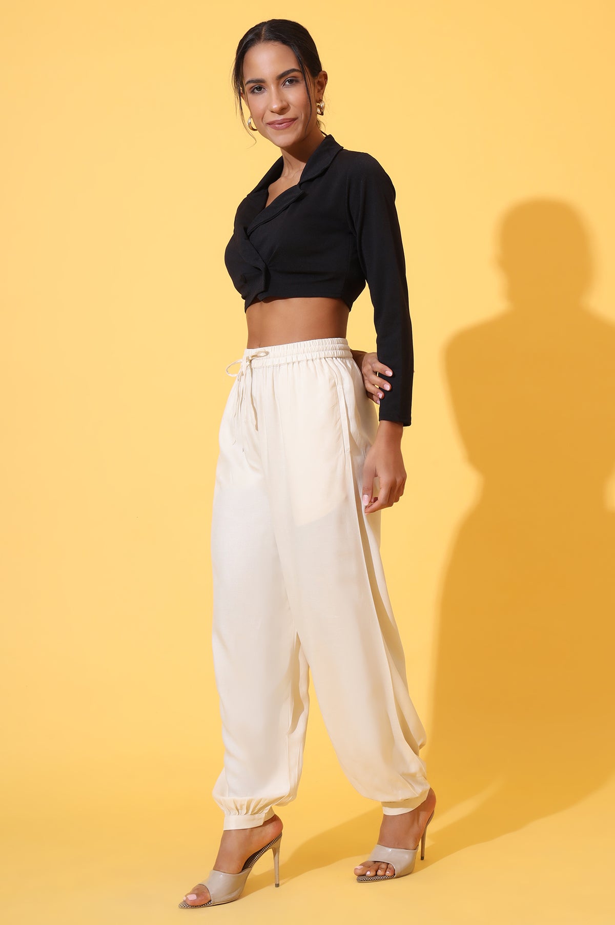 Elleven Women's Beige Solid Ankle Length Rayon Harem Pants - XS