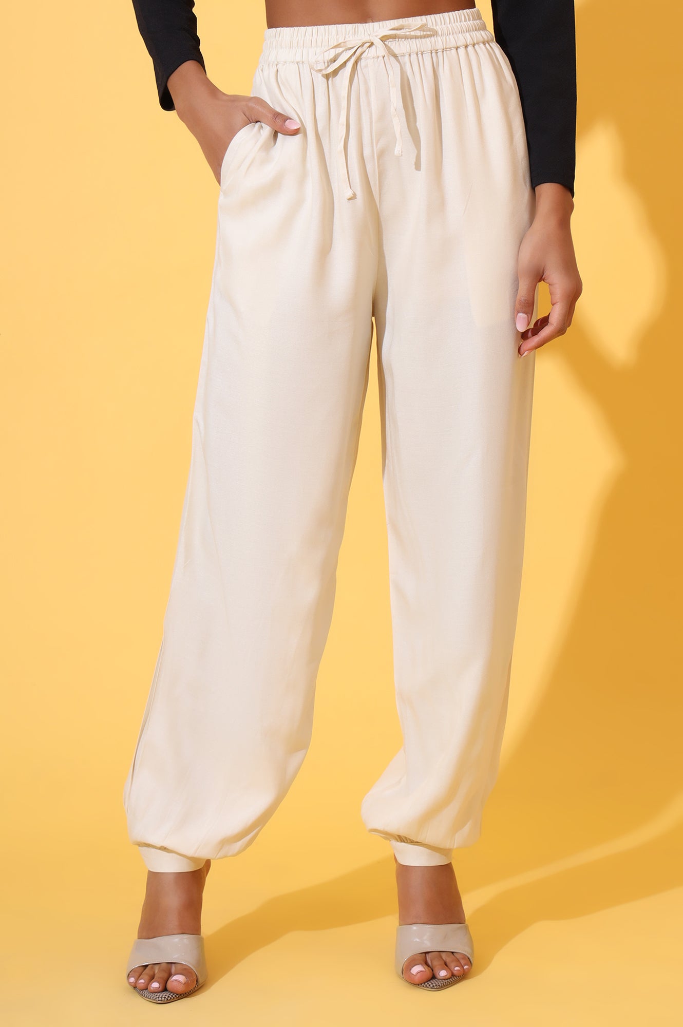 Beige Solid Ankle Length Rayon Harem Pants
