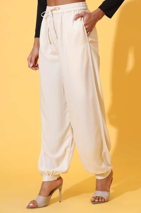 Beige Solid Ankle Length Rayon Harem Pants