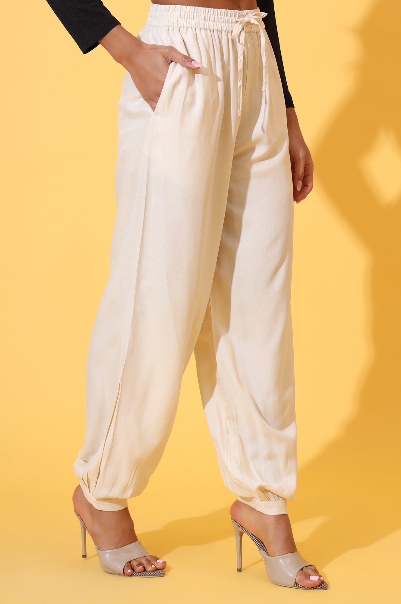 Beige Solid Ankle Length Rayon Harem Pants