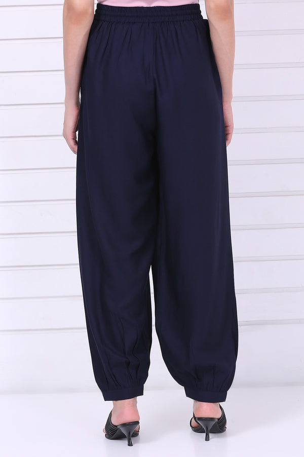 Elleven Women's Navy Blue Solid Loose Fit Cropped Dhoti Pants