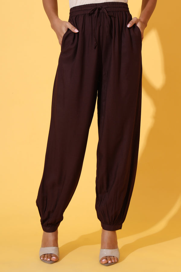 Brown Solid Ankle Length Rayon Harem Pants