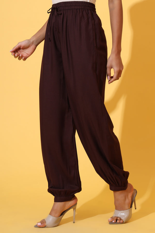Brown Solid Ankle Length Rayon Harem Pants