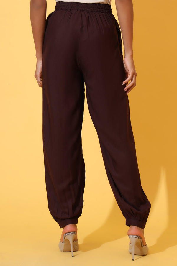 Brown Solid Ankle Length Rayon Harem Pants
