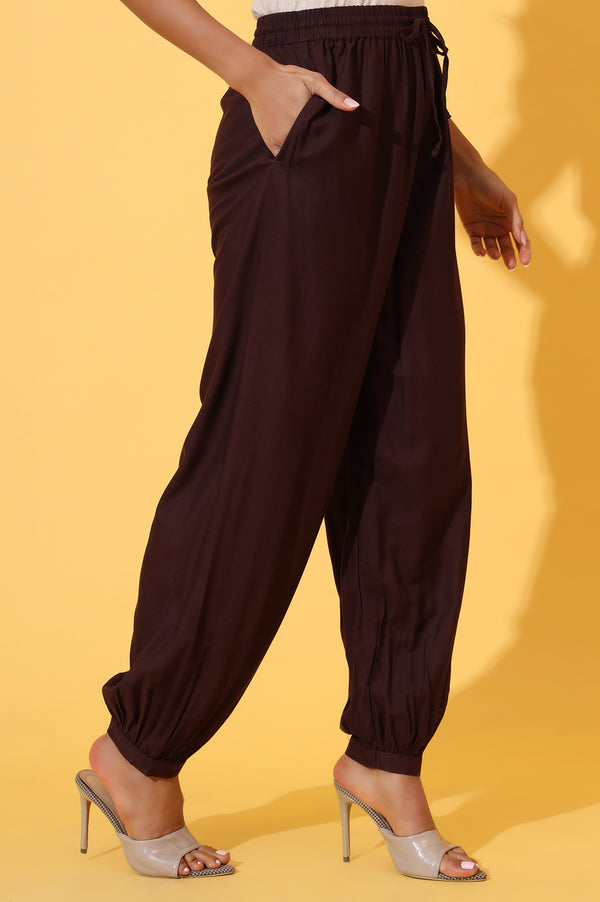 Brown Solid Ankle Length Rayon Harem Pants