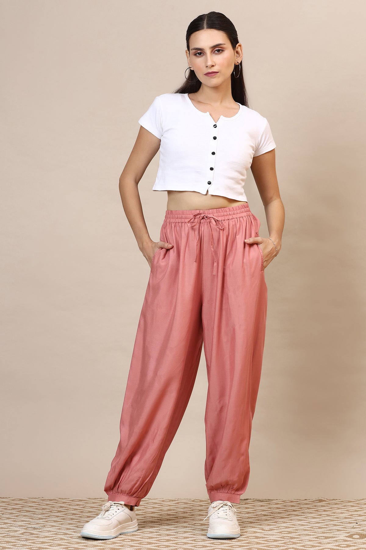 Elleven Women's Pink Solid Loose Fit Rayon Dhoti Pants With Drawstring - M