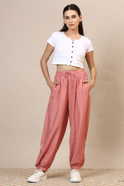 Pink Solid Loose Fit Rayon Dhoti Pants With Drawstring