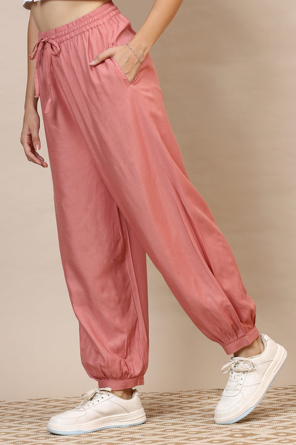 Elleven Women's Pink Solid Loose Fit Rayon Dhoti Pants With Drawstring