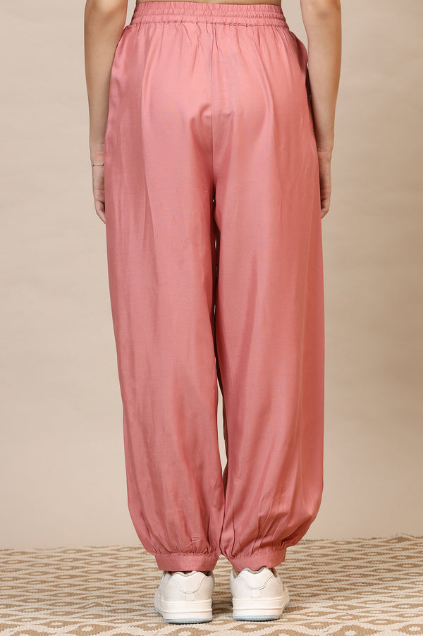 Elleven Women's Pink Solid Loose Fit Rayon Dhoti Pants With Drawstring