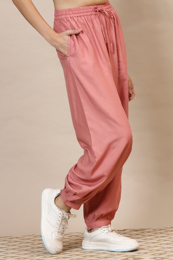 Elleven Women's Pink Solid Loose Fit Rayon Dhoti Pants With Drawstring