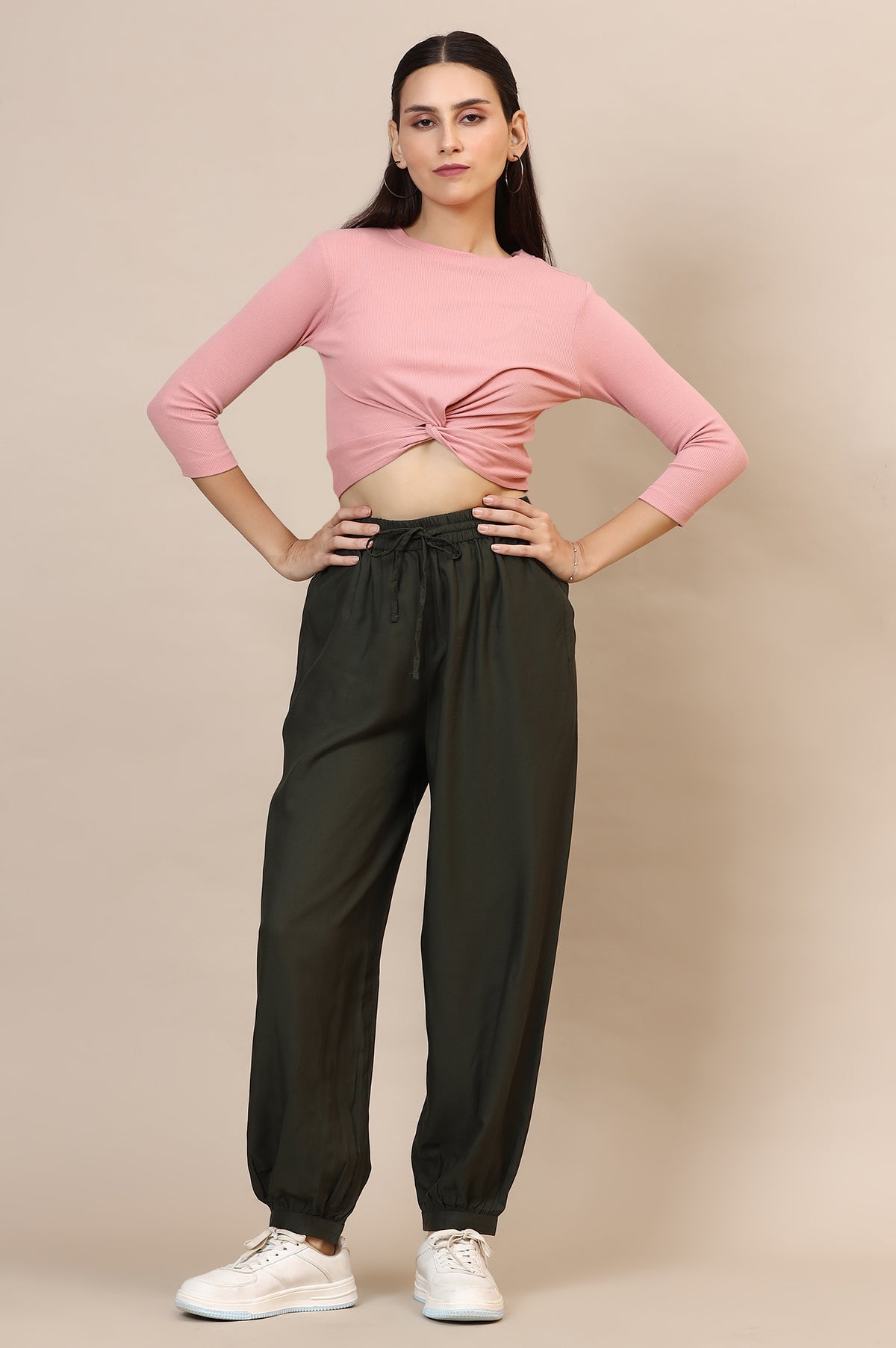 Elleven Women's Dark Green Solid Loose Fit Rayon Pants With Drawstring - XS