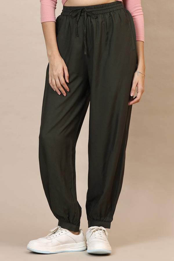 Elleven Women's Dark Green Solid Loose Fit Rayon Pants With Drawstring