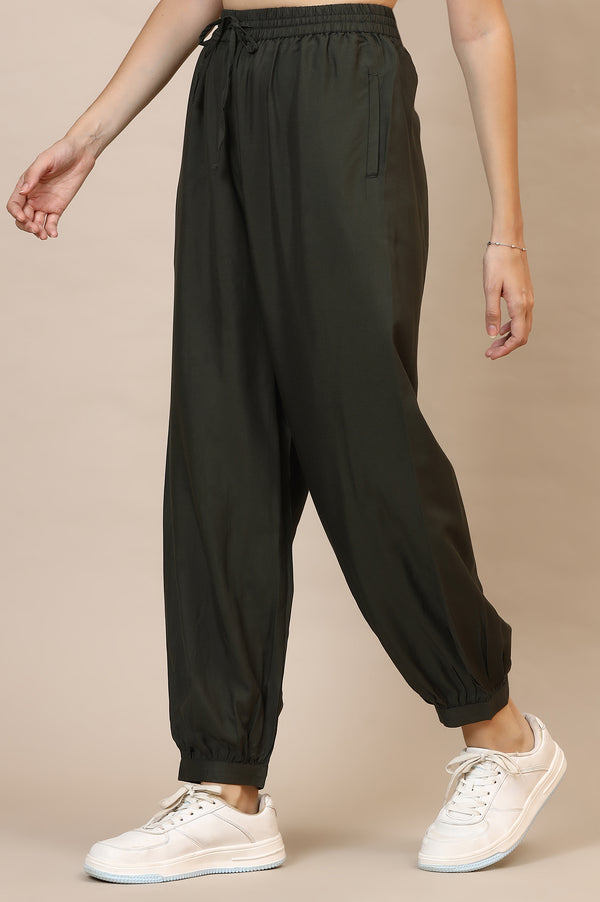 Elleven Women's Dark Green Solid Loose Fit Rayon Pants With Drawstring