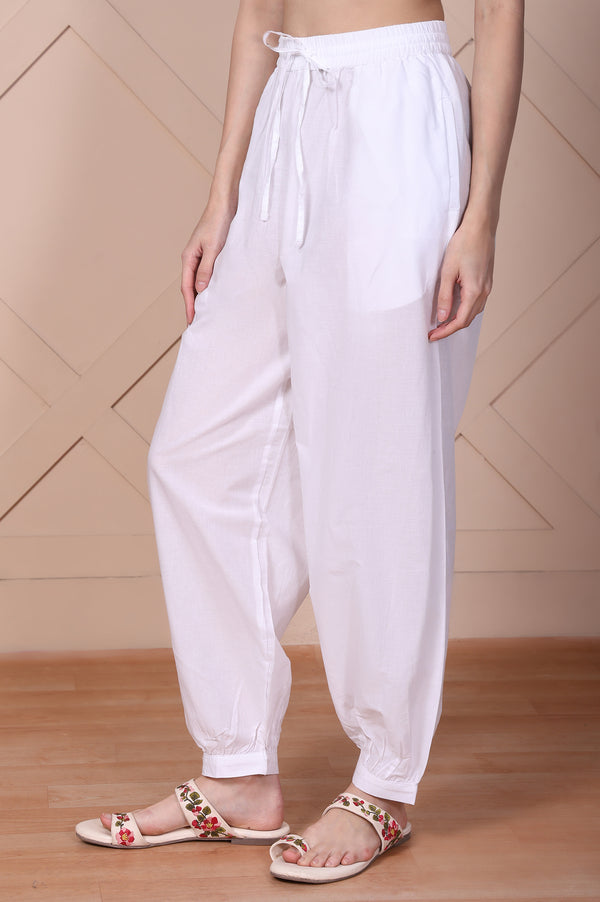 White Solid Pure Cotton Ankle Length Relaxed Fit Harem Pantss