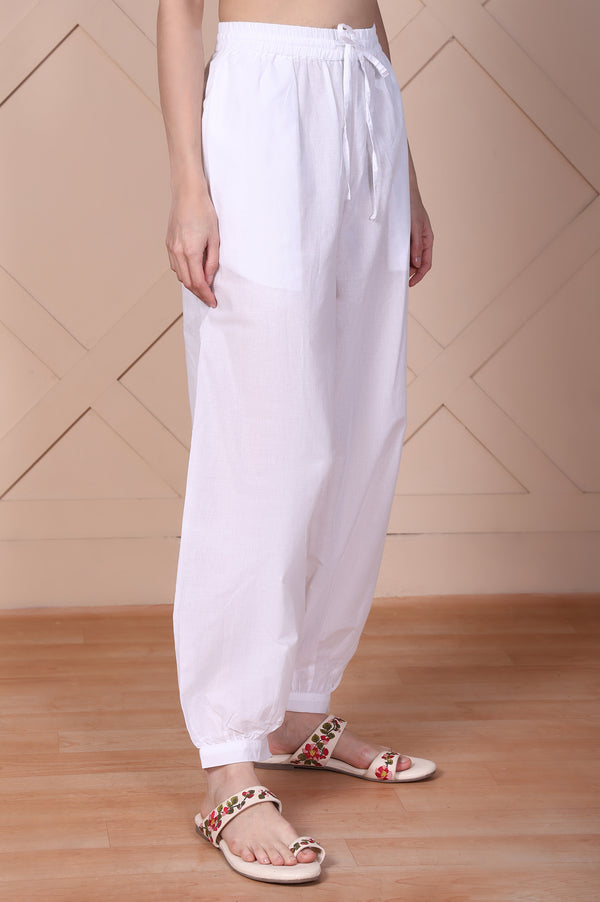 White Solid Pure Cotton Ankle Length Relaxed Fit Harem Pantss