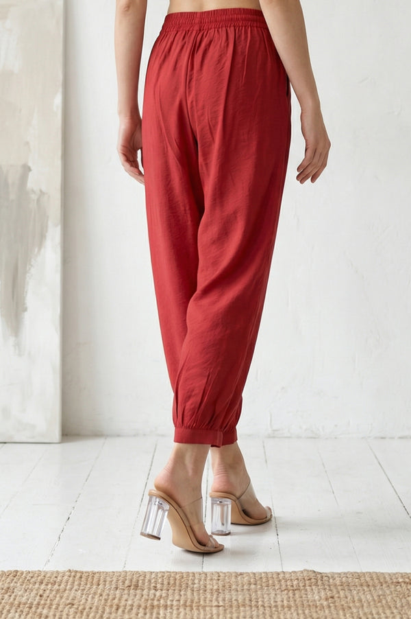 Elleven Women's Red Solid Rayon Blend Ankle Length Harem Pants