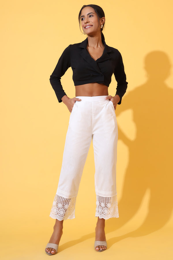 Elleven Women's White Solid Pure Cotton Schiffli Embroidered Palazzo Pants