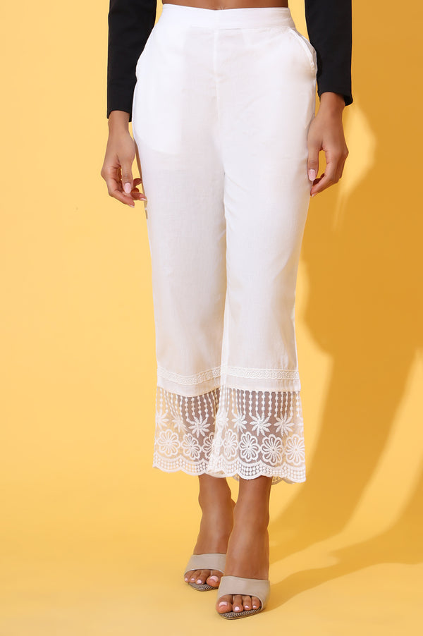 Elleven Women's White Solid Pure Cotton Schiffli Embroidered Palazzo Pants