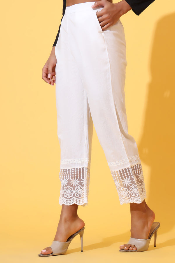 Elleven Women's White Solid Pure Cotton Schiffli Embroidered Palazzo Pants