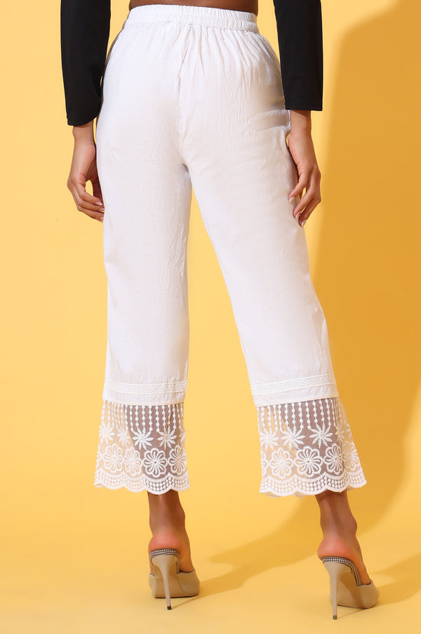Elleven Women's White Solid Pure Cotton Schiffli Embroidered Palazzo Pants