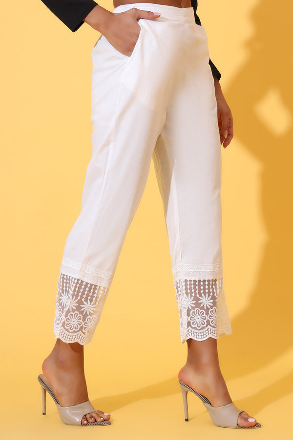 Elleven Women's White Solid Pure Cotton Schiffli Embroidered Palazzo Pants