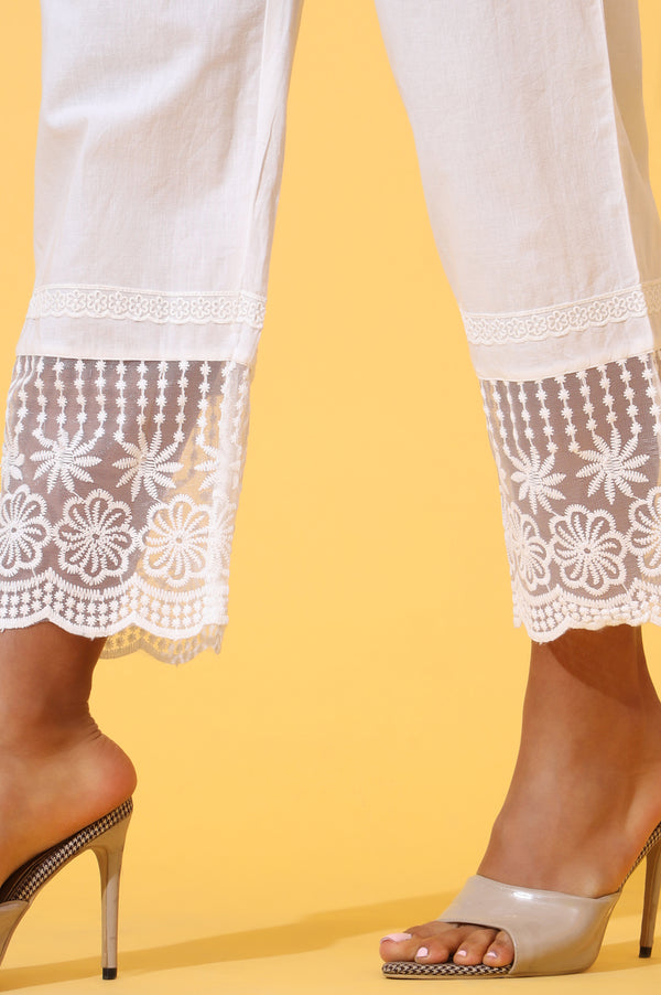 Elleven Women's White Solid Pure Cotton Schiffli Embroidered Palazzo Pants