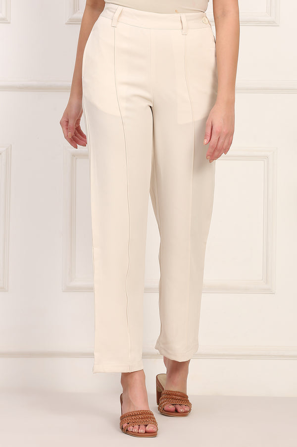 Elleven Women's Beige Solid Straight Woven Pant Pant with YKK Zipper