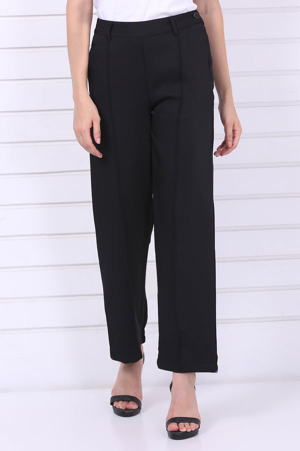 Elleven Women's Black Solid Straight Parallel Pants with YKK Zipper
