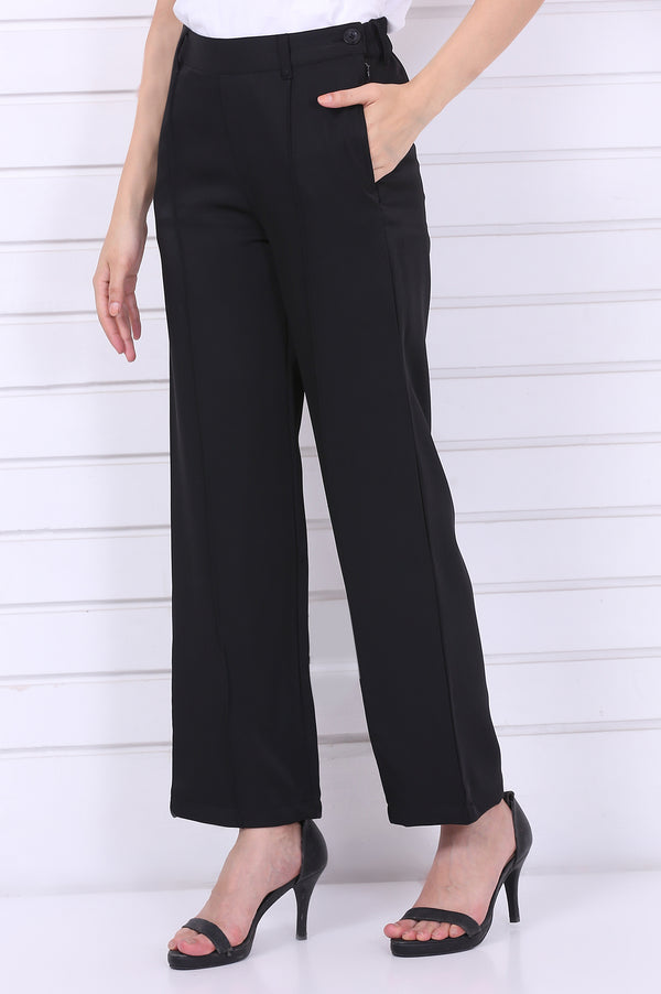 Elleven Women's Black Solid Straight Parallel Pants with YKK Zipper