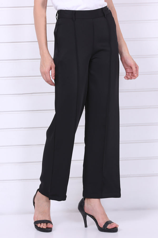 Elleven Women's Black Solid Straight Parallel Pants with YKK Zipper